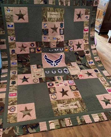 Army Quilt Patterns, Air Force Quilt Pattern, Coast Guard Quilt Pattern, Marine Quilt, Military Quilt Ideas, Military Uniform Shadow Box Ideas, Military Quilts, Shirt Quilts, Patriotic Quilts