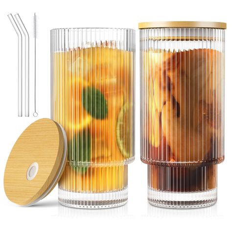 PRICES MAY VARY. 🎁【What You Will Get】 2PCS 16OZ Ribbed Glass Cups with Bamboo Lids, 2PCS reusable glass straws, 1PC cleaning brushes. ---The cups are dishwasher safe and microwave safe, very practical combination set, take it home without hesitation! 🍻【Elegant Design & Superior-quality】 The drinking glasses are made of high borosilicate glass, which is more transparent, thicker and better quality than ordinary glass. Plus, they’re also stackable to save space in your kitchen cabinet and very e Cups With Bamboo Lids, Iced Coffee Cups, Whiskey Cocktail, Whiskey Cocktails, Ribbed Glass, Glass Coffee Mugs, Milk Cup, Bar Glassware, Iced Coffee Cup