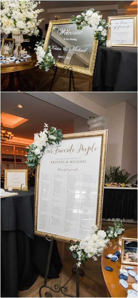 Our favorite people wedding seating chart. Wedding table assignment display. Wedding signage ideas- gold frame sign with white floral accent. Wedding Seating Chart Picture Frame, Wedding Seating Chart Gold, Seating Chart In Frame, Frame Wedding Seating Chart, Framed Seating Chart, Picture Frame Seating Chart Wedding, Family Table Wedding, Wedding Table Assignments Display, Frame Seating Chart Wedding