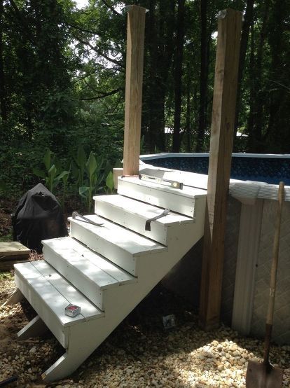 The pool ladder that came with our pool just was not working for my husband that has many health issues.  So I had to put my thinking cap on and get some steps for him to be able to get in the pool.     I went dumpster diving.  My ex- coworker was having a remodel.  So I asked what they would be doing with the old steps.   She said they would just be throwing them out. So I kindly ask her if it was OK if  I could have them and I would come over to get them. She said yes.   So I did.… How To Build Pool Steps, Homemade Patio, Buying A Manufactured Home, Pool Stairs, Above Ground Pool Ladders, Cheap Diy Wall Art, Above Ground Pool Steps, Deck Gate, Inside Pool