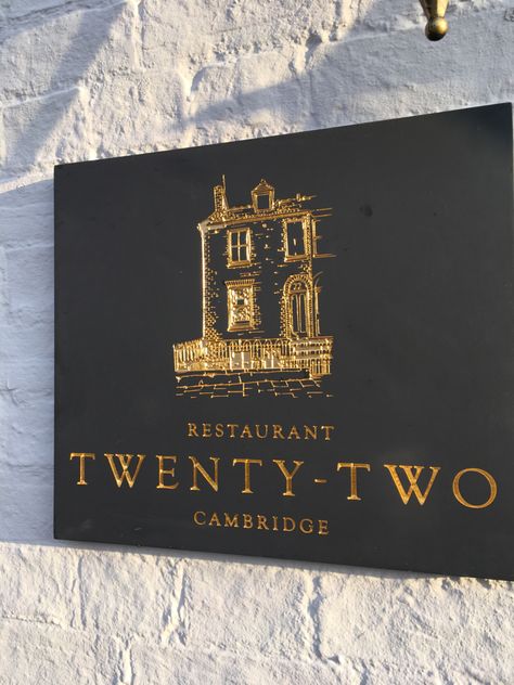 Finest quality Welsh Slate signage, created for Restaurant Twenty-Two in Cambridge, England. Featuring gilded, engraved lettering and etched gilded logo design. Get in touch at hello@stonesign.com to create your bespoke business sign. Luxury Signage Design, Brass Signage, Estate Signage, Gold Signage, Restaurant Signage, Etched Glass Door, Restaurant Sign, Restaurant Bathroom, Metal Signage