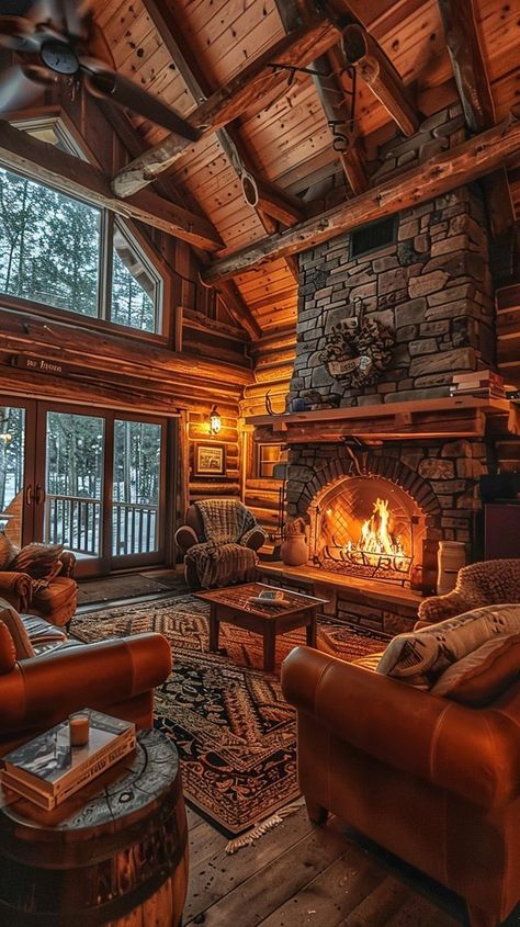 Rustic cabin living room with log walls, stone fireplace, and leather armchairs in a serene forest setting Sunken Living Room Cabin, Yellowstone Fireplace, Log Cabin House Interior, Log Cabin Stone Fireplace, Boho Cabin Living Room, Big Log Cabin Houses, Rustic Italian Living Room, Cabin Reading Nook, Modern Log Cabin Decor