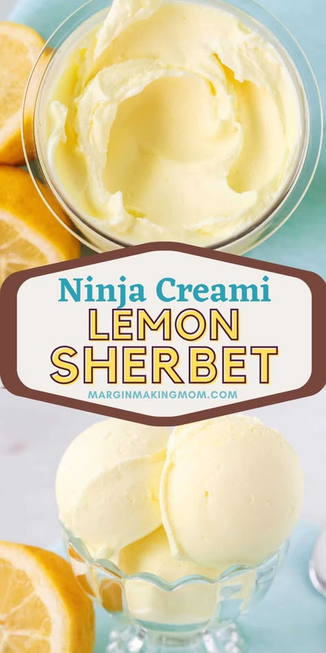 You'll love how easy it is to make this Ninja Creami lemon sherbet! It's simple to whip up, with just a few ingredients, and it's a refreshing treat that's nice and creamy but not too sweet. Perfect for summer! Ninja Cremi Sherbet, Cherry Sorbet Ninja Creami, Ninja Creami Lemon Italian Ice, Lemon Sherbet Recipe, Ninja Creami Lime Sherbert, Sherbert Ninja Creami, Ninja Creami Lemon Sorbet Recipes, Homemade Sherbet Recipes, Ninja Creami Sherbet