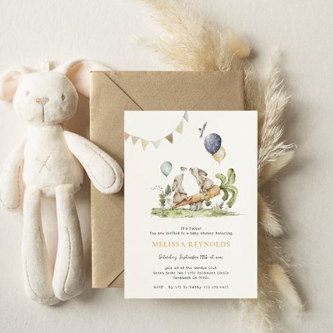 Twins Spring Bunny Rabbit Baby Shower Invitation #zazzle #weddinginvitations #birthdayinvitations #babyshowerinvitations #zazzleinvitations #monogram #businesscards #graduation #homedecor Woodland Picnic, Spring Greenery, Forest Animal Baby Shower, Easter Baby Shower, Spring Picnic, Gender Neutral Baby Shower Invitations, Animals Baby Shower, Woodland Baby Shower Invitations, Twins Baby Shower