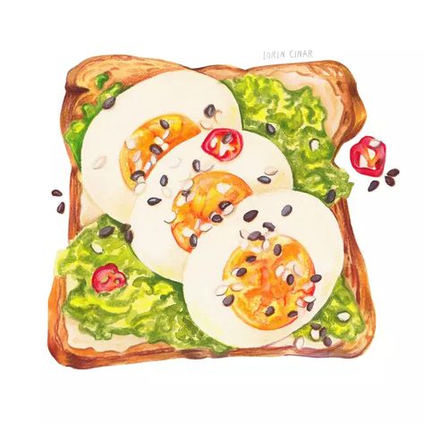 FOOD ILLUSTRATIONS | Lorin Cinar Mixed media food illustration was done with watercolors and colored pencils. #foodillustration #healthy #healthysnack #toast #illustration #watercolor #fooddrawing #coloredpencils #fresh #baked #avocado #avocadotoast Kawaii, Essen, Toast Illustration Drawing, Avocado Toast Illustration, Food Illustration Art Watercolour, Healthy Food Drawing For Kids, Healthy Food Illustration Art, Healthy Food Drawing, Healthy Food Illustration