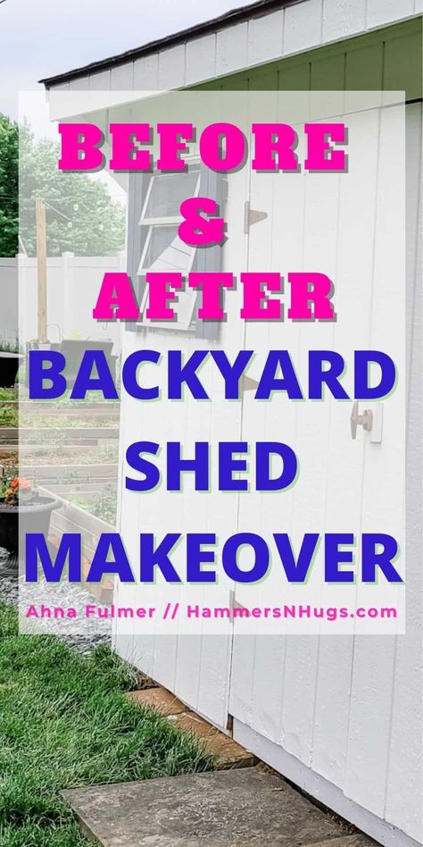 Paint, hardware, and trim updates - check out our backyard garden shed makeover, and see what it looks like now! Tap on this pin to check out our makeover and more with Ahna Fulmer // HammersNHugs.com. #diy #homeimprovement #outdoorshed Backyard Shed Colors Paint, Outside Shed Decor, Decorate Shed Exterior, Plastic Shed Makeover, Outdoor Shed Makeover, Old Shed Makeover Ideas, Shed Painting Ideas, Shed Paint Colours, Garden Shed Makeover