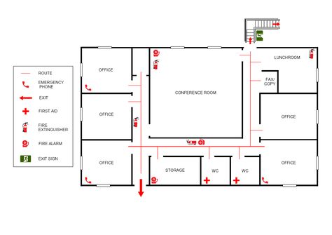 This is a Small Office Evacuation Plan template that is designed for workplace emergency plan procedures, to respond quickly and effectively in disasters, and to safely evacuate the workers from the building. The template is a 100% customizable and you can edit every aspect of it with a few simple clicks in MyDraw. Small Office Floor Plan Commercial, Workplace Floor Plan, Life Safety Plan Architecture, Emergency Evacuation Plan Templates, House Floor Plan With Emergency Exit, Small Office Design Plan, Small School Floor Plan, Evacuation Plan House, Administrative Building Plan