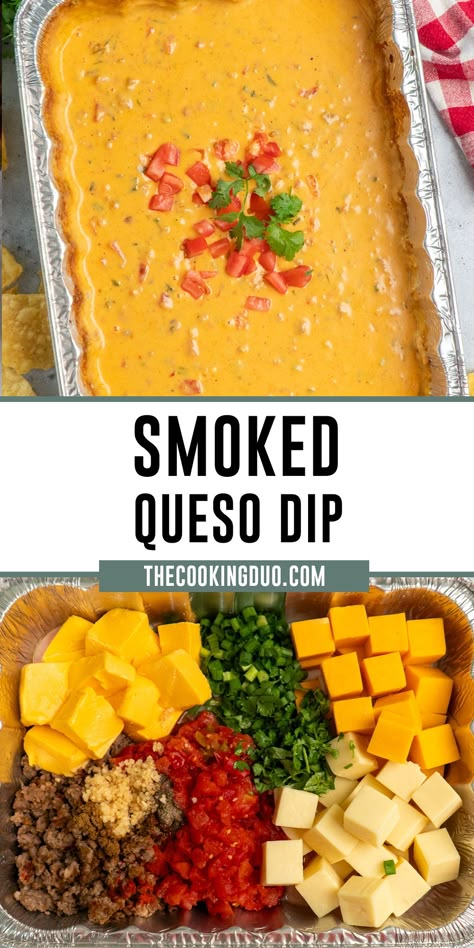 This Smoked Queso Dip is not your typical cheese dip! Loaded with a deep smoky flavor featuring browned Italian sausage, 3 different cheeses, chili tomatoes, and a variety of spices it makes for the perfect summer appetizer. Smoked Queso Dip, Traeger Smoker Recipes, Pit Boss Recipes, Smoked Queso, Smoker Grill Recipes, Traeger Cooking, Pellet Smoker Recipes, Traeger Smoker, Traeger Grill Recipes