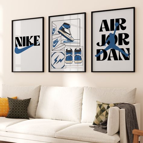 Hypebeast Sneaker Poster Set of 3 Hypebeast Wall Decor Blue Sneakerhead Decor Blue Sneaker Poster Nike Bedroom Ideas, Nike Room Decor, 3 Set Paintings Wall Art, Posters Nike, Jordan 1 Poster, Sneakerhead Decor, Cmyk Color Palette, Nike Posters, Jordan Painting