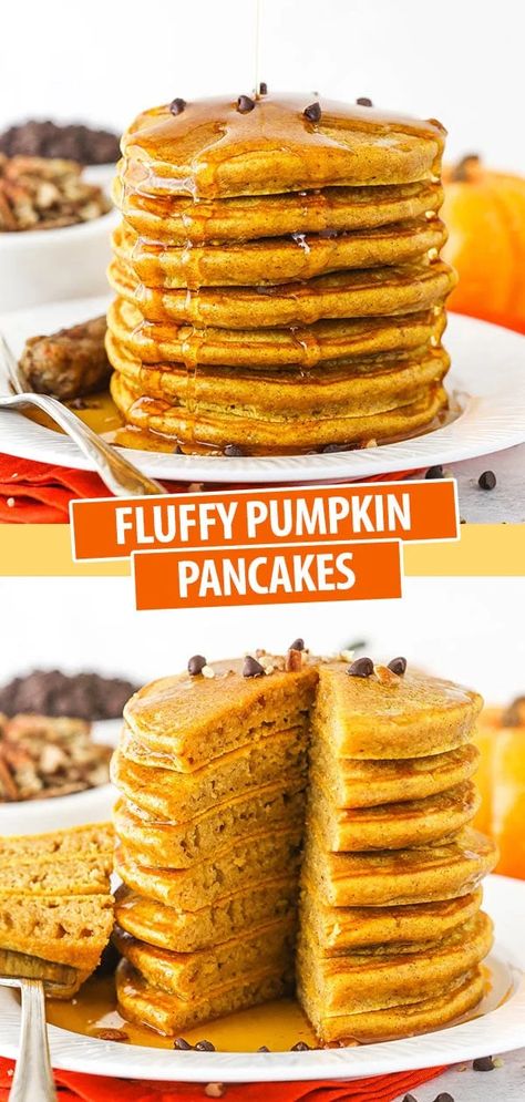 These soft and fluffy Pumpkin Pancakes are a comforting fall breakfast that your family is going to love! They're easy to make and full of pumpkin flavor. #pumpkinpancakes #pumpkinspicepancakes #pumpkinpancakesrecipe #homemadepancakes #pancakesfromscratch #pumpkinrecipe #pumpkinspicerecipe #bestpancakesrecipe #fallbreakfast Pancakes Sans Gluten, Fluffy Pumpkin Pancakes, Pumpkin Pancakes Easy, Pumpkin Pancake Recipe, Pancake Recipe Easy, Pumpkin Pancakes, Fall Breakfast, Pancakes Easy, Homemade Pumpkin