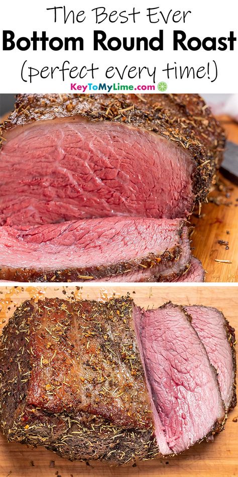 Learn how to easily make the best bottom round roast recipe. This tender rump roast makes a great Sunday roast for family dinners, and the leftovers are perfect for roast beef sandwiches. KeyToMyLime.com Outside Round Roast, Slow Cooker Round Roast, Oven Roasted Tri Tip, Round Roast Recipe, Top Round Roast Recipe, Bottom Round Roast Recipes, Bottom Round Roast, Beef Rump Roast, Perfect Roast Beef