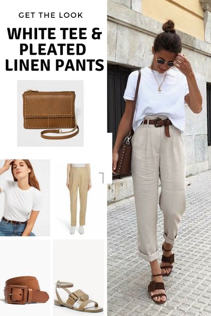 Get the look: white tee and pleated linen pants - Cheryl Shops Pleated Linen Pants, White Linen Pants Outfit, Minimalist Moda, Linen Pants Outfit, Style Pinterest, Summer Pants Outfits, White Linen Pants, Beige Outfit, Summer Work Outfits