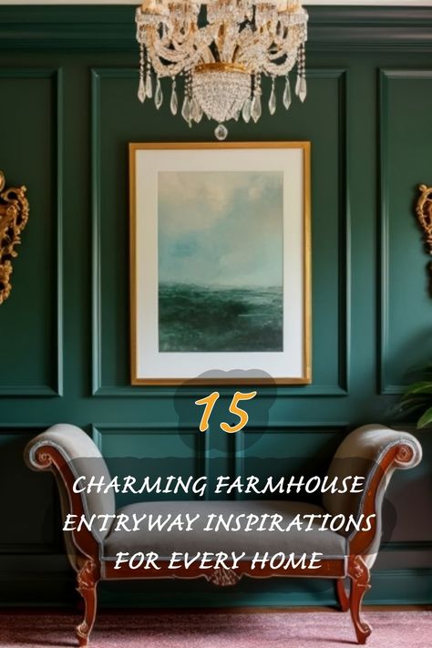 I love the charm of this farmhouse entryway! The deep green walls create a warm and inviting atmosphere, while the elegant chandelier adds a touch of sophistication. The artwork above the beautifully curved settee complements the space perfectly. This setup inspires me to create a welcoming environment in my own home! Green Entryway Ideas, Curved Settee, Deep Green Walls, Farmhouse Entryway Ideas, Green Entryway, Japandi Dining Room, Entryway Design Ideas, Organic Modern Kitchen, Foyer Ideas Entryway