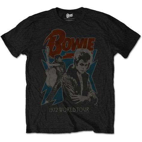 David Bowie Men's Tee: 1972 World Tour Wholesale Ref:BOWTS10MB Bowie Tshirt, Screen Printing Designs, Movie T Shirts, High Quality T Shirts, Tour T Shirts, David Bowie, World Tour, Mens Tees, Black Shirt