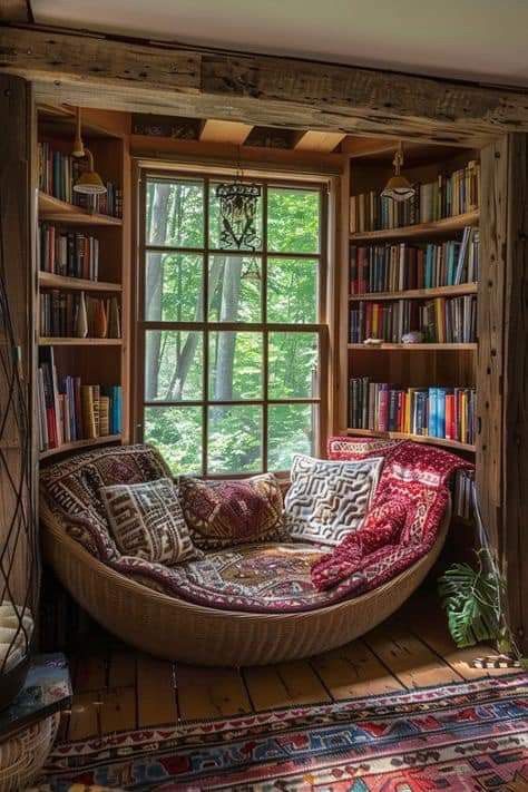 Unique Reading Nooks, Enclosed Reading Nook, Library With Reading Nook, Small Library Nook Ideas, Cool Reading Nooks, Cottagecore Reading Nook, Cute Reading Nook, Library Nook Ideas, Library Ideas For Home