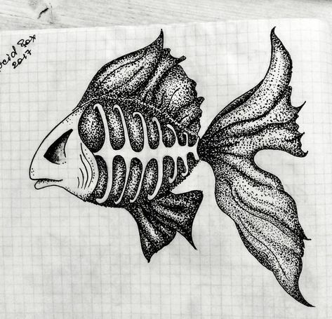 Fishbone Drawing, Scary Fish Drawing, Fish Sketch Drawing, Dot Sketch, Pointilism Art, Stippling Drawing, Fish Sketch, Minimalistic Tattoo, Dotted Drawings