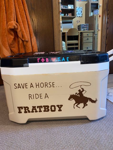 Mountain Weekend Cooler, Painted Fraternity Coolers, Nola Cooler, Sorority Coolers, Formal Cooler Ideas, Cool License Plates, Fraternity Coolers, Frat Coolers, Cooler Painting