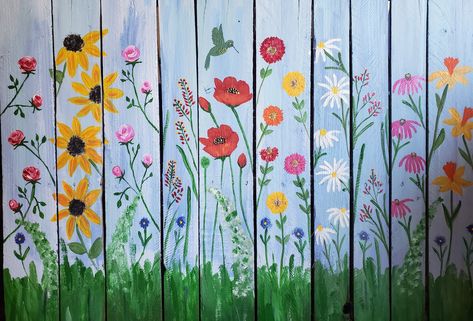 Chalk Fence Art, Fence Design Painting, Painting On Fences Wall Art, Garden Painted Fence, Backyard Painting Ideas, Wall Murals Painted Outdoor Fence, Fence With Flowers Painting, Painted Wooden Fence Ideas, Wood Fence Mural Ideas