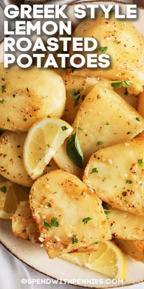 Greek Lemon Potatoes are bursting with flavor! Serve with chicken souvlaki and a Greek salad for an authentic meal! #spendwithpennies #greeklemonpotatoes #recipe #sidedish #roasted Greek Lemon Roasted Chicken And Potatoes, Mediterranean Potatoes Recipes, Greek Style Lemon Roasted Potatoes, Greek Baked Potatoes, Lemon Herb Potatoes, Greek Red Potatoes, Sides For Greek Chicken, Greek Potatoes Recipe Authentic, Lemon Potatoes Roasted