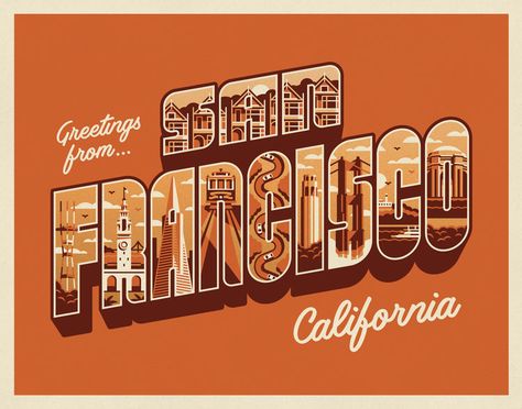 Greetings from San Francisco by DKNG Dkng Studios, San Francisco Art Print, Vintage Postcards Travel, Sf Art, San Francisco Art, Event Signage, Postcard Design, Illustration Inspiration, Post Cards