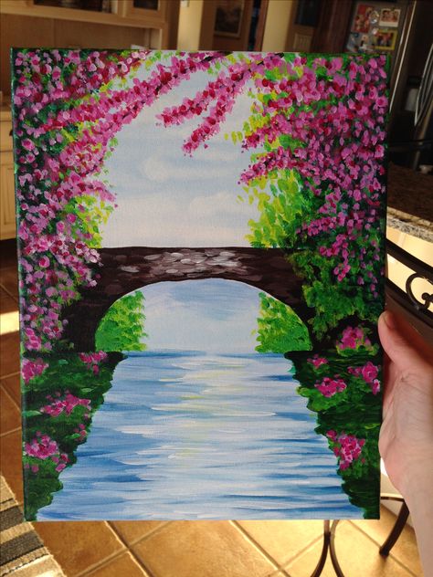 Pink flower and bridge. Bridge Painting, Oil Pastel Art, Easy Canvas Painting, Spring Painting, Small Canvas Art, Nature Art Painting, Night Painting, Beginner Painting, Amazing Art Painting