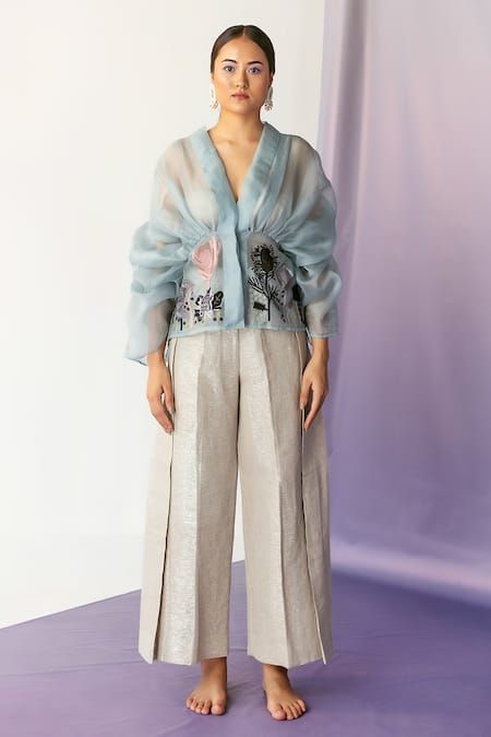 Buy Blue Organza Embroidery Garden Motifs V Neck Sheer Overlay For Women by FEBo6 Online at Aza Fashions. Organza Coordsets, Organza Shirts For Women, Organza Shirt Outfit, Organza Tops Designs, Organza Outfit, Organza Outer, Organza Tops, Embroidered Organza Dress, Organza Styles