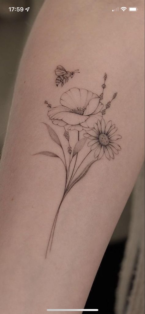 Delicate Flower Tattoo Inner Arm, Cute Bee And Flower Tattoo, Fine Floral Tattoo Design, Aster And Carnation Flower Tattoo, Poppy Tattoo Butterfly, Bee Tattoo On Elbow, Wildflower Tattoo With Bee, Poppy Flower With Bee Tattoo, Wildflower Bee Tattoo