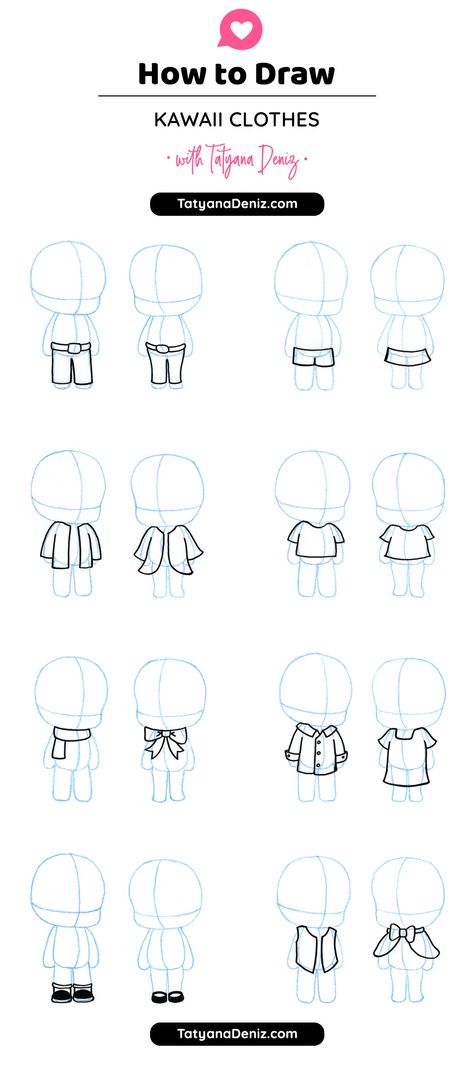 How to draw kawaii clothes Chibi Eyes Side View, Kawaii Body Tutorial, Chibi Art Style Clothes, Chibi Clothes Drawing, Kawaii How To Draw, How To Draw A Chibi Body Step By Step, Simple Cartoon Character Design, Clothes Cartoon Drawing, How To Draw Bodies Cartoon