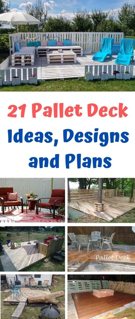 Here are 21 DIY plans and ideas to show you how to make a pallet deck for FREE. #deck Diy Backyard Pallet Ideas, Diy Pallet Porch Decks, Deck Out Of Pallets How To Build, Diy Deck With Pallets, How To Make A Deck Out Of Pallets, Pallet Ideas For Outside Patio, Pallet Decking Diy, Making A Deck Out Of Pallets, Pallet Ideas For Outside Backyards