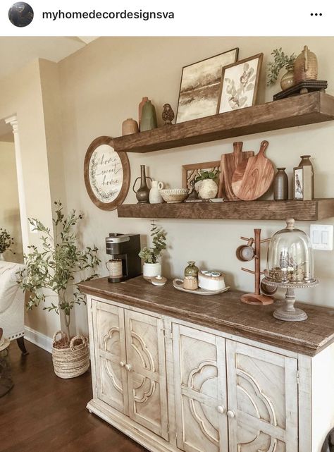 Savor the homely embrace of a vintage coffee nook as you sip your brew. Buffet With Shelves Above, Kitchen Floating Shelves, Dining Room Shelves, Farmhouse Buffet, Coffee Bar Ideas, Sideboard Decor, Kitchen Shelf Decor, Farmhouse Coffee Bar, Coffee Bar Design