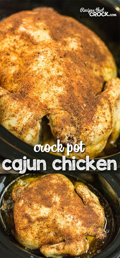 Crock Pot Cajun Chicken: Easy family dinner idea! Great twist on your traditional whole chicken recipe. Crock Pot Cajun Chicken, Crock Pot Cajun, Crockpot Whole Chicken Recipes, Whole Chicken Recipe, Cajun Chicken Recipes, Lemonade Pie, Easy Family Dinner, Deep South Dish, Whole Chicken Recipes