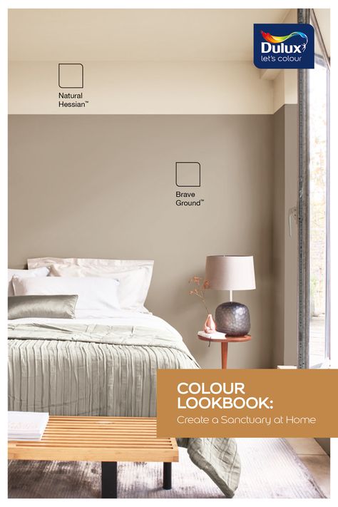 Colour Lookbook Sanctuary Home Bedroom 2 Colour Bedroom Wall, Neutral Feature Wall Bedroom, Neutral Relaxing Bedroom, Dulux Neutral Colours Bedroom, Colors For Bedroom Walls Relaxing, Two Tone Neutral Walls, Dulux Earthy Colours, Living Room Paint Color Ideas Dulux Colour Schemes, Cosy Bedroom Paint Colours