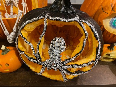 Black paint $4 bedazzles $1.50 Spider Pumpkin, Pumpkin Spider, Black Paint, Pumpkin Carving, Halloween Wreath, Carving, Paint, Halloween, Black