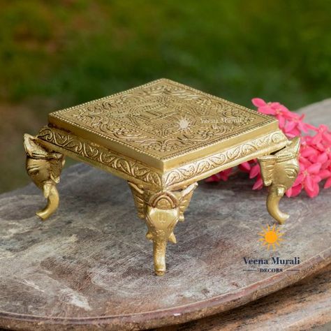 Buy antique styled brass artefacts and wooden crafts online - Veena Murali Decors Brass Chowki, Pooja Stool, Wooden Stool Designs, Brass Utensils, Diya Lamp, Vintage Brass Decor, Pooja Room Door, Pooja Items, Silver Pooja Items