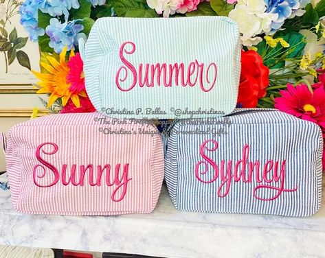 Seersucker Cosmetic Bags Personalized Monogram Cosmetic Bags Personalized Cosmetic Bag Free Shipping - Etsy Monogrammed Makeup Bags, Monogram Cosmetic Bag, Bridesmaid Makeup Bag, Custom Makeup Bags, Personalized Cosmetic Bags, Girls Personalized Gifts, Bridesmaid Proposal Gifts, Bridesmaid Makeup, Proposal Gifts