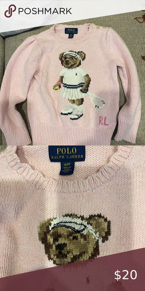 Girls pink Polo bear sweater Polo Bear Sweater Outfit, Ralph Lauren Sweater Bear, Rl Sweaters, Pink Ralph Lauren Sweater, Ralph Lauren Bear Sweater, Polo Bear Sweater, Polo Bear Ralph Lauren, Teddy Sweater, Teddy Bear Sweater