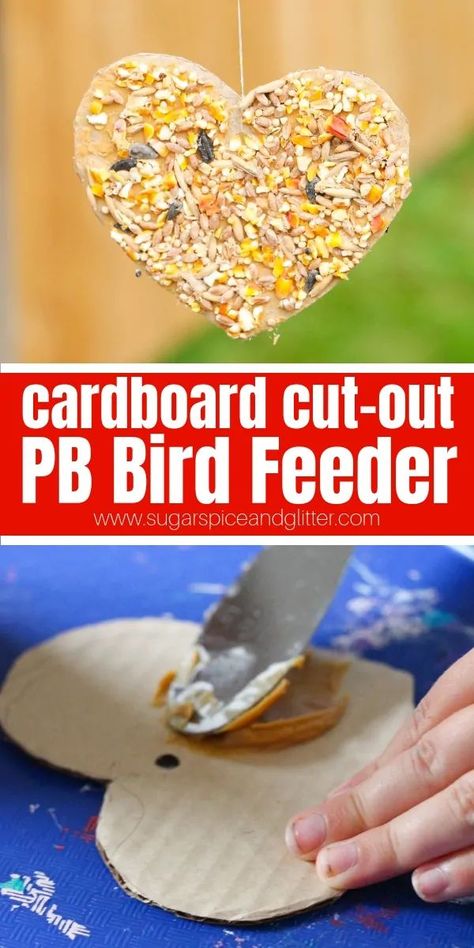 Bird feeder for kids Heart Bird Feeder, Heart Shaped Bird Seed Feeder, Cardboard Bird Feeder, Diy Kids Bird Feeder, Easy Diy Bird Feeder Homemade, Easy Bird Feeders Diy, Birdfeeders Kids Can Make, Peanut Butter Bird Feeder Diy, Easy Bird Feeders For Kids To Make