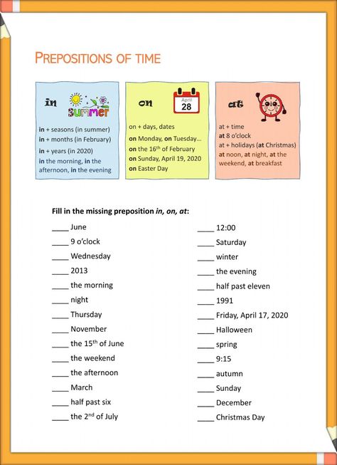 Prepositions of time online activity for beginners. You can do the exercises online or download the worksheet as pdf. Use Of Preposition Worksheet, At On In Prepositions Of Time, In Or On Grammar, In On At Prepositions Worksheet, At On In Worksheet, In On At Prepositions Of Time, In At On Prepositions, Preposition Of Time Worksheets, At Preposition