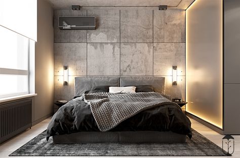 UI033 на Behance Modern Industrial Apartment, Modern Industrial Bedroom, Industrial Modern Bedroom, Industrial Bedroom Design, Modern Decorating, Contemporary Bedroom Design, Interior Design Minimalist, Industrial Apartment, Concrete Interiors