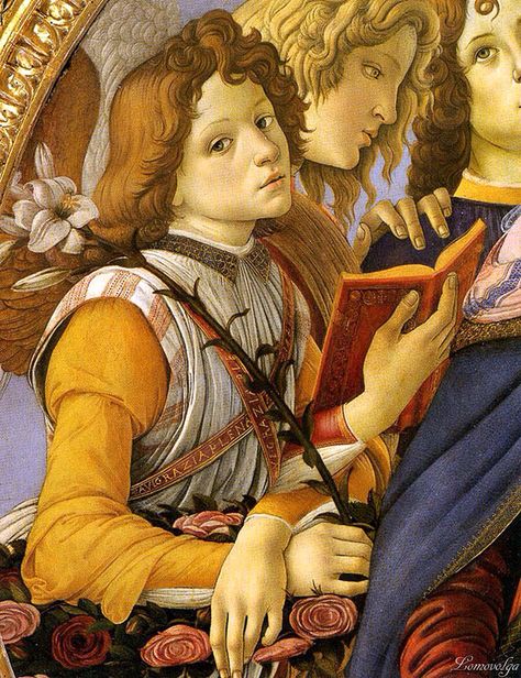 Angel with embroidered stole, detail from Madonna of the Pomegranate, by Sandro Botticelli, 1487. Tempera on wood | Uffizi, Florence Botticelli Madonna, Botticelli Art, Botticelli Paintings, Sandro Botticelli, Uffizi Gallery, Caravaggio, Italian Artist, Italian Art, Classical Art