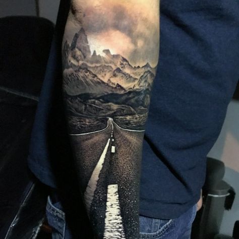 Road tattoo. On that straight and narrow. Finding my way home Highway Tattoo Ideas, Road Tattoo Ideas, Trucker Tattoo, Road Tattoo, Natur Tattoo Arm, Harley Tattoos, Mangas Tattoo, Nature Tattoo Sleeve, Motorcycle Tattoos