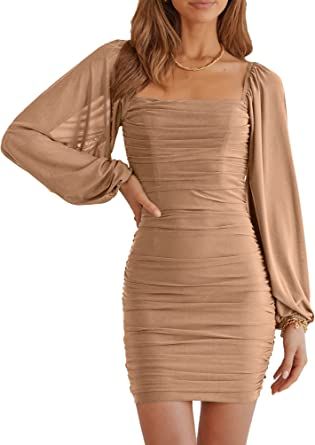 Looking for an elegant and stylish party dress? Look no further than this beautiful Women's Square Neck Lantern Long Sleeve Bodycon Dress! With its sophisticated ruched detailing, slimming mesh fabric, and flattering bodycon silhouette, this dress is the perfect choice for any formal occasion. women's dress, square neck, lantern sleeve, bodycon, ruched, mesh, slimming, elegant, stylish, cocktail dress, party dress. Women Long Sleeve Dress, Mini Robes, Ruched Bodycon Dress, Mesh Long Sleeve, Long Sleeve Bodycon, Lantern Sleeve, Long Sleeve Mini, Mini Dress With Sleeves, Lantern Sleeves