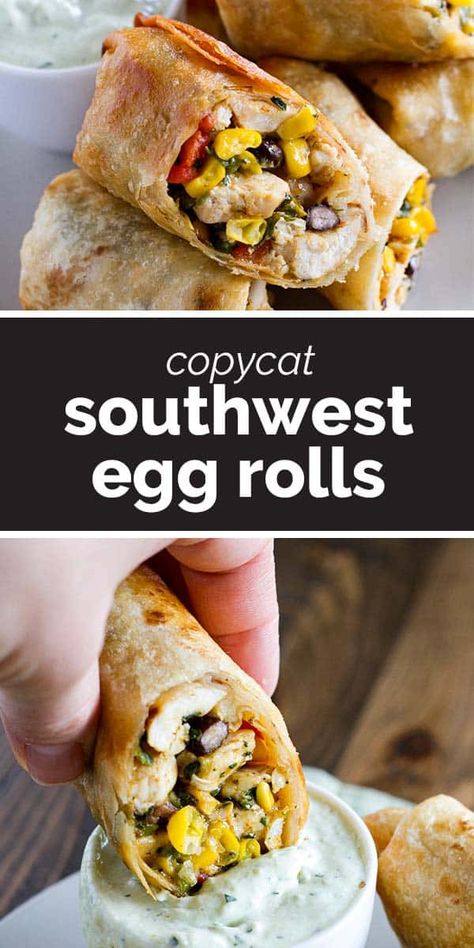 These Southwestern Egg Rolls are a family favorite – filled with chicken, corn, beans, spinach and tex-mex spices. Serve with Avocado Ranch Dipping Sauce. #appetizer #copycat Tex Mex Chicken Egg Rolls, Tex Mex Egg Rolls, Southwest Eggrolls, Southwest Egg Rolls, Southwestern Egg Rolls, Chicken Chipotle, Fruit Dips, Ranch Dipping Sauce, Mexican Appetizers