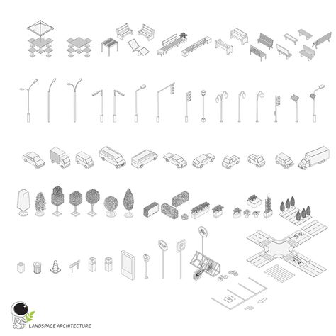 Isometric Urban Furniture Kit (.ai and .psd) on Behance Isometric Sketch, Axonometric View, Architecture Design Presentation, Store Architecture, Axonometric Drawing, Illustration Landscape, Photoshop Rendering, Isometric Drawing, Desain Editorial