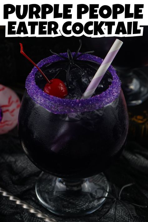 Headon view of Purple People Eater Cocktail in a glass with a purple sugar rim. Purple People Eater Punch, Spooky Season Cocktails, Purple People Eater Cocktail, Purple Punch Recipe Alcoholic, Purple People Eater Drink, Vodka Cranberry, Purple People Eater, Breakfast Donuts, Purple Cocktails