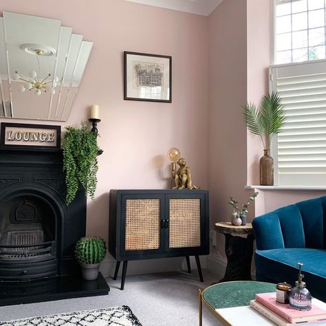 Pink Interior Design Inspiration for 2020 - Interiors By Color. Farrow & Ball Calamine Blue Sofa Living, Pink Painted Walls, Blue Sofas Living Room, Paint Fireplace, Pink Living Room, Farrow And Ball, Blue Sofa, Blue Rooms, Pink Interior