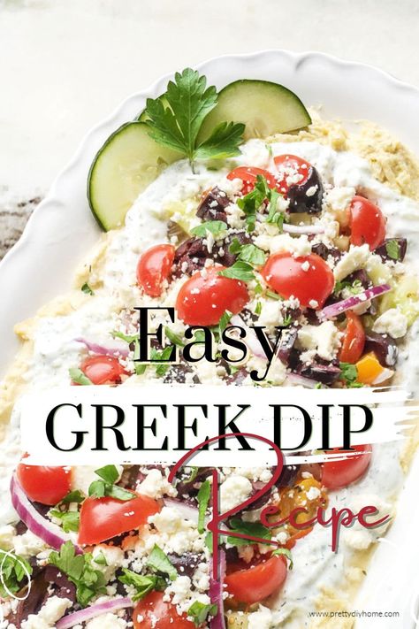 Greek Dip With Hummus And Tzatziki - Pretty DIY Home Greek Dips And Spreads, What To Serve With Tzatziki Dip, Layered Greek Dip Recipe, Greek Hummus Dip Layered, Mediterranean Dip Recipes, Turkish Dips, Greek Dip Appetizer, Greek Hummus Recipe, Tzatziki Dip Recipe