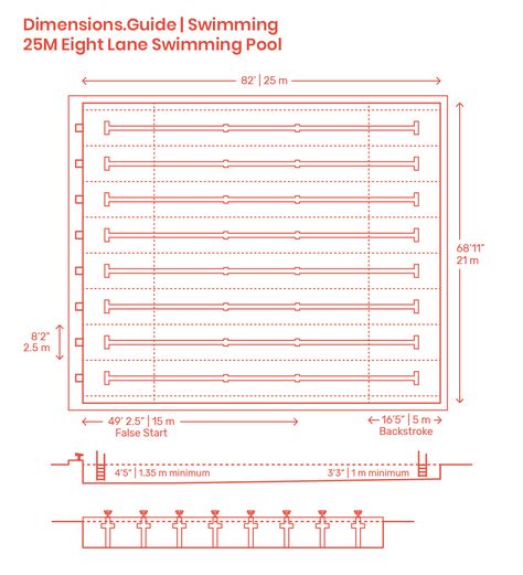 The 25m Eight Lane Swimming Pool may also be called “Short Course” if used in an Olympic game or World Championship Games. They are also the common pools in domestic competitions like summer swimming leagues, high schools, universities, recreational centers, and even huge backyards. Timing touch pads are incorporated in these pools for a sanctioned meet in meters and allowing swimmers to touch and turn. Downloads online #sports #swimming School Swimming Pool, Lane Swimming, Swimming Pool Dimensions, Pool Dimensions, Olympic Swimming Pool, Pool Design Plans, Olympic Size Swimming Pool, Swimming Pool Plan, Swimming Pool Size