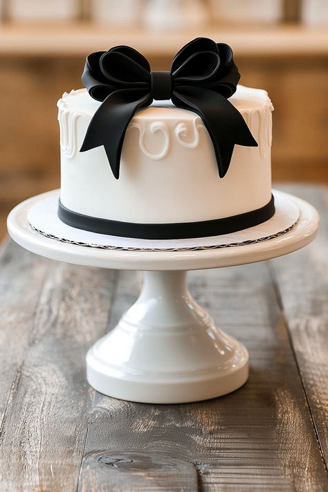 Pink And Black Bow Birthday Theme, Black And White Bridal Shower Cake, Black Bow Birthday Cake, Black And White Bow Party Theme, White Bow Cake, Black Bow Cake, Black Bow Themed Birthday Party, Black And White Vintage Cake, Black And White Cake Aesthetic