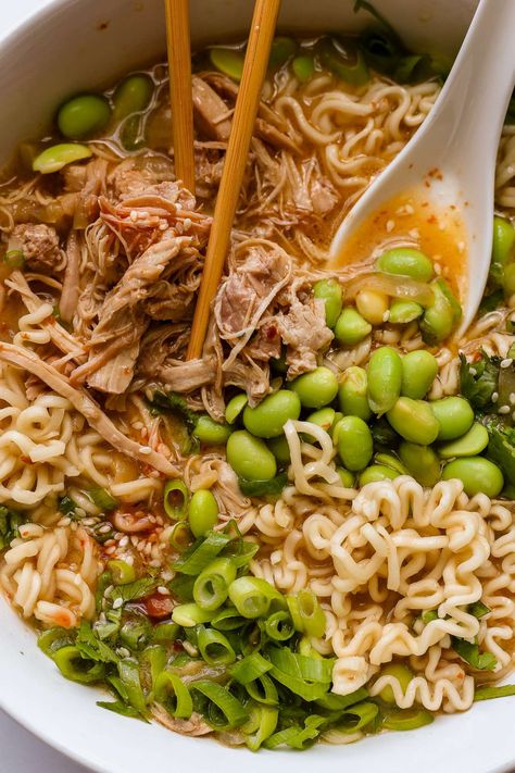 An easy recipe for creamy chicken ramen made from scratch and slow-cooked to perfection. I make this slow cooker ramen with chicken thighs, but you can use other chicken cuts in this recipe. You can also use this recipe with an instant pot or on the stovetop (directions for all methods are included). #slowcooker #crockpot #chicken #ramen Ramen Noodle Slow Cooker Recipe, Crock Pot Chicken Ramen, Slow Cooker Ramen Noodles, Crockpot Chicken Ramen, Ramen Crockpot Recipes, Slow Cooker Ramen Recipes, Crockpot Ramen Recipes, Ramen Slow Cooker, Slow Cooker Chicken Ramen